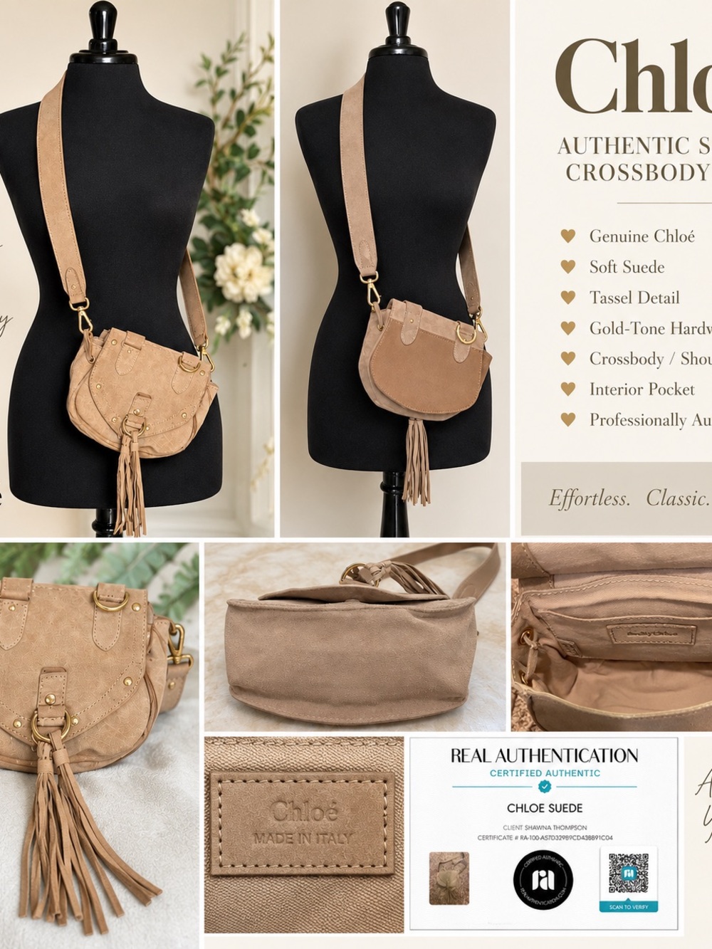Authentic Chloé Suede Crossbody Bag Tassel Tan Gold Hardware